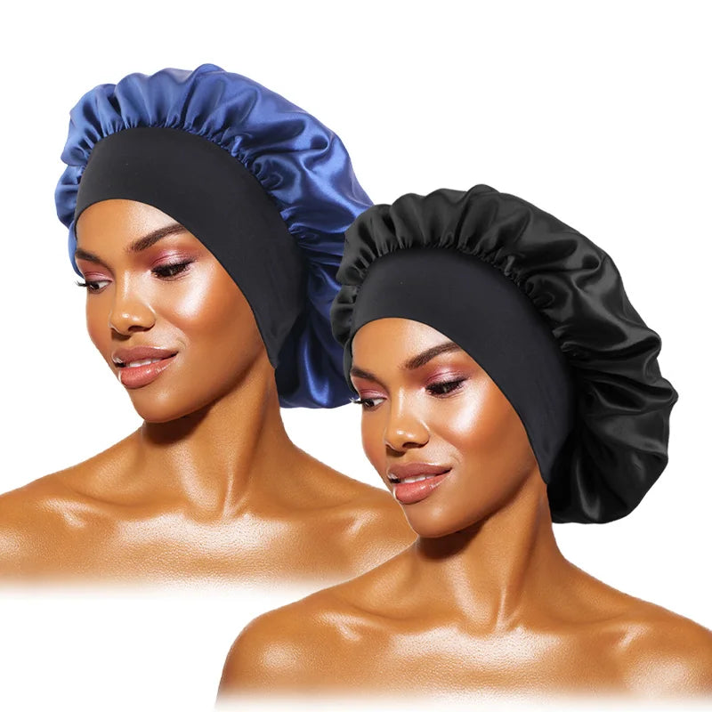 Women's Satin Solid Bonnets Wide-brimmed Night Sleeping Bathing Hat Unisex Head Wrap Elastic Band Cap Hair Care Bonnet