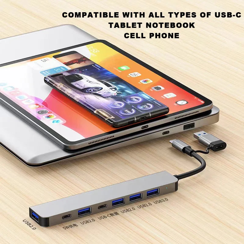 USB C Hub USB Splitter 7 in 1 USB Extender with 4 USB Port 1 USBC Port TF/SD Card Reader Audio Output Compatible with MacBook