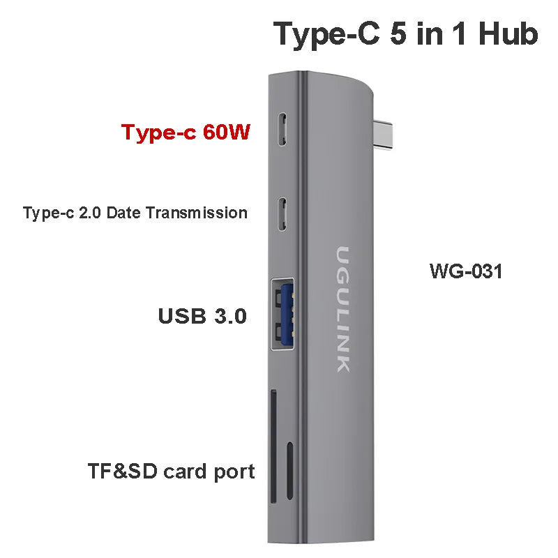 90 Degree Type-C USB 3.0 6 in 1 Hub to PD60W TF/SD 3.5mm Jack Adapter Cables Card Read For Samsung Xiaomi Huawei iphone 15 pro