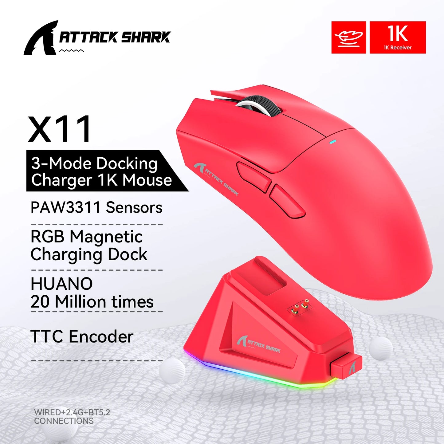 Attack Shark X11 3-Mode Connection /2.4GHz/Bluetooth ,PAW3311 ,400IPS,22K000DPI,RGB ,PC Wireless Gaming Mouse