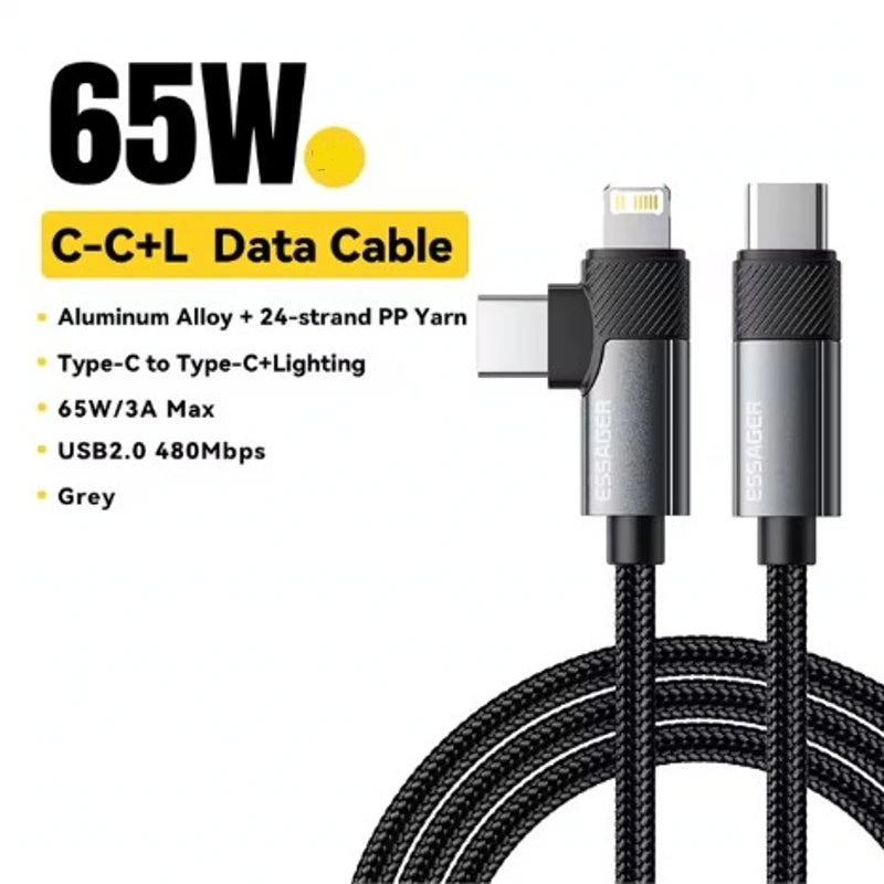 Essager 2-in-1 Right Angle Cable C-L 29W C-C 65W Fast Charging Elbow Data Cable For iPhone 16 15 14 MacBook Lenovo Dell iPad Pro