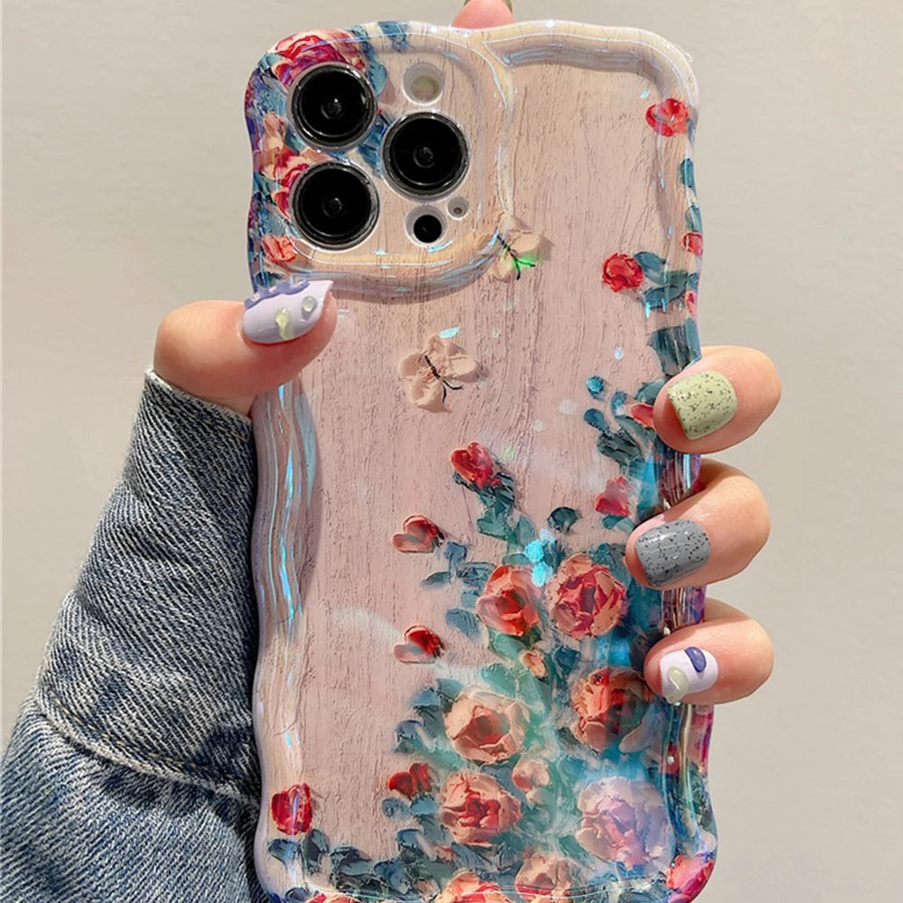 Retro Oil Painting Phone Case For iPhone 13 14 15 16 ProMax 12 11 Luxury Flower Print Shockproof Silicone Cover Artistic Decor