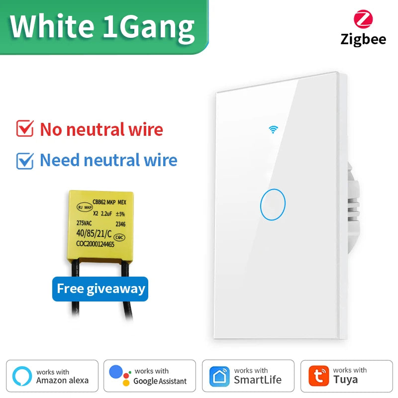 Tuya US WiFi+Bluetooth Smart Switches No Neutral Wire Required 1/2/3/4 Gang Light WiFi Touch Switch Work with Alexa Google Home