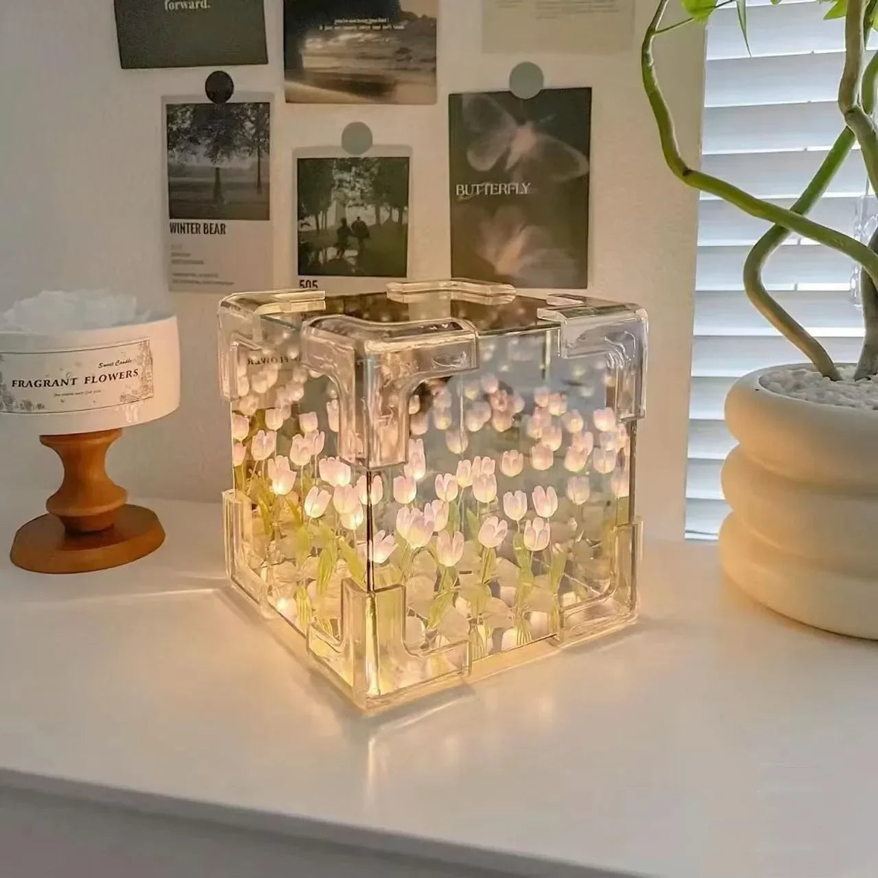 DIY Tulip Mirror Cube Lamp Flower Table Lamp Handmade Romantic Valentine's Day Lamp Tulips Home Decorations Gift for Girlfriend