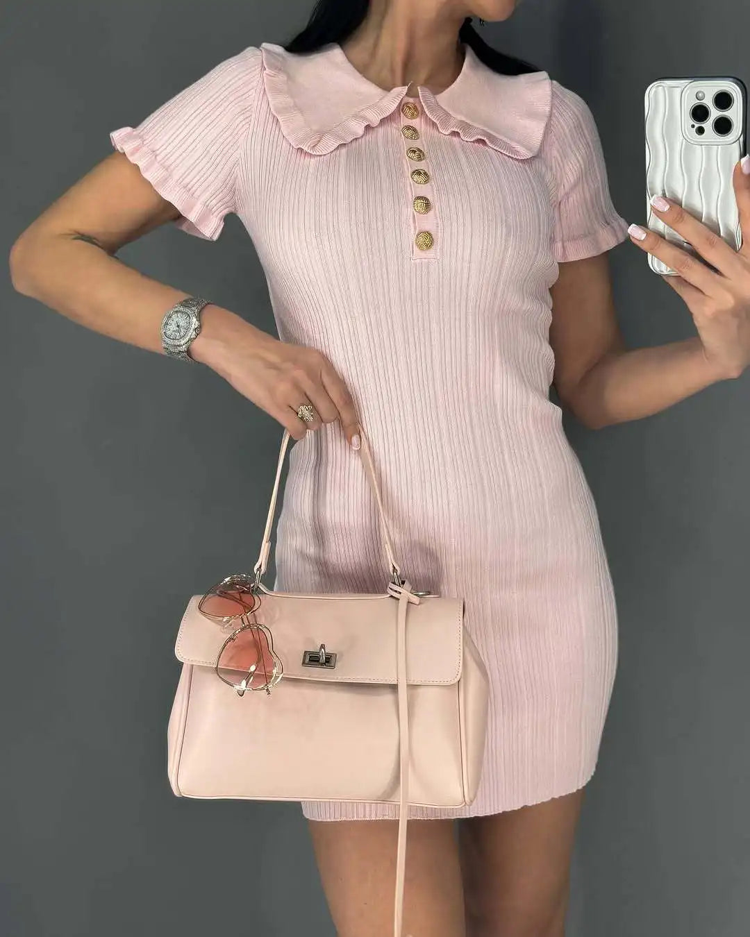 Elegant Knitted Dress Women's Vintage Ruffles Lapel Short Sleeve Bodycon Dresses Female Casual Summer White Yellow Pink Black