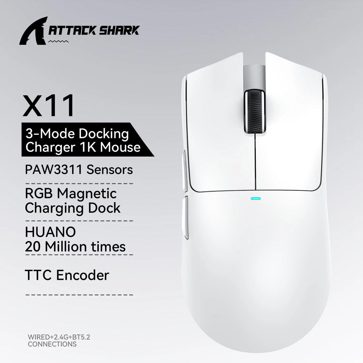 Attack Shark X11 3-Mode Connection /2.4GHz/Bluetooth ,PAW3311 ,400IPS,22K000DPI,RGB ,PC  Wireless Gaming Mouse
