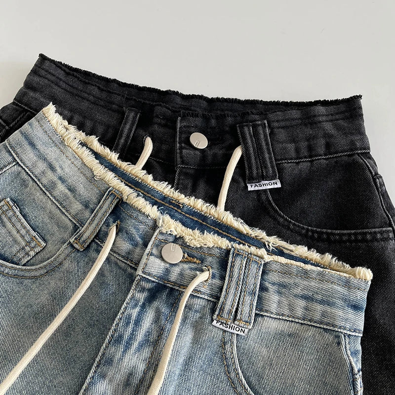Women's Fashion Raw Edge Washed Denim Shorts 2025 Summer New Korean High Waisted Loose Wide Leg Pants Chic Drawstring Shorts