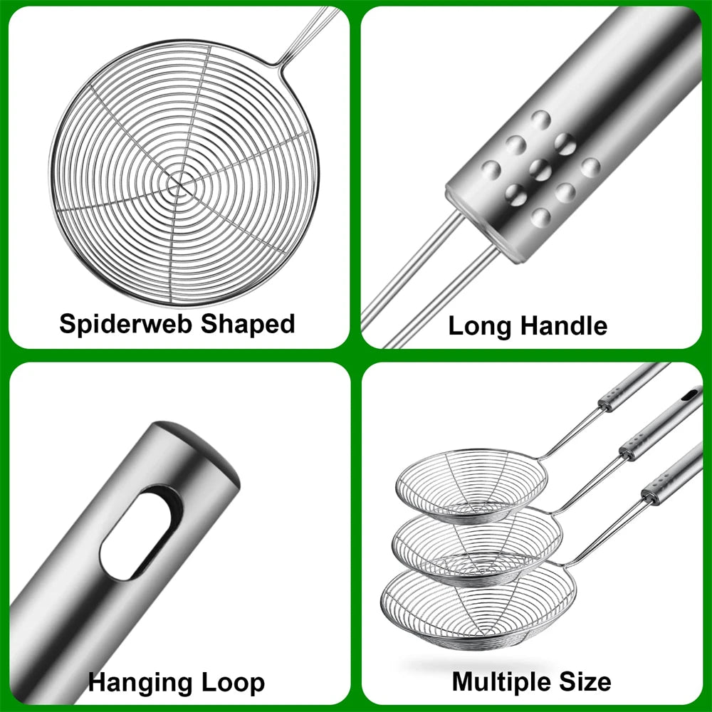 Stainless Steel Fine Mesh Skimmer Spoon Multi-Function Spider Strainer with Long Handle for Cooking Frying and Noodle Straining