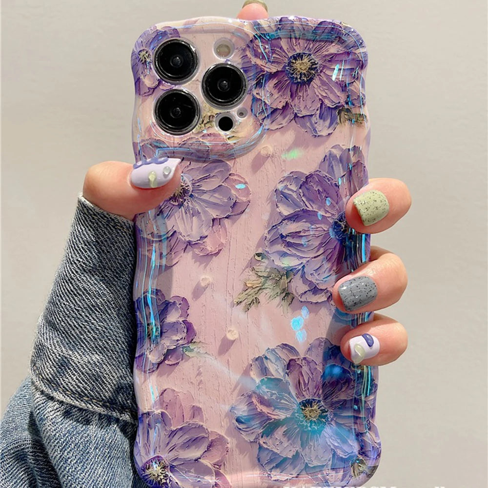 Retro Oil Painting Phone Case For iPhone 13 14 15 16 ProMax 12 11 Luxury Flower Print Shockproof Silicone Cover Artistic Decor