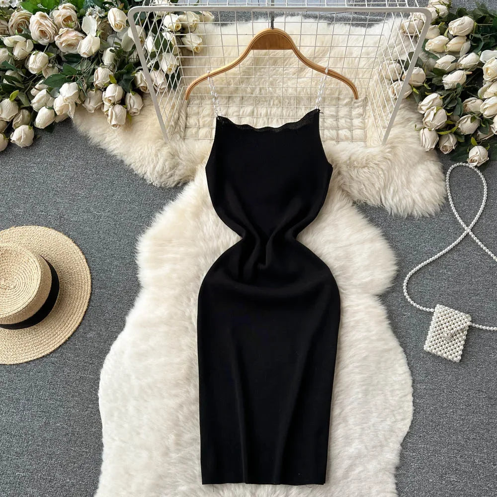 Sexy Knitted Dress Women Strap Bodycon  Elastic Solid French 2026 Elegant Slim Mini Short Dress Outfits