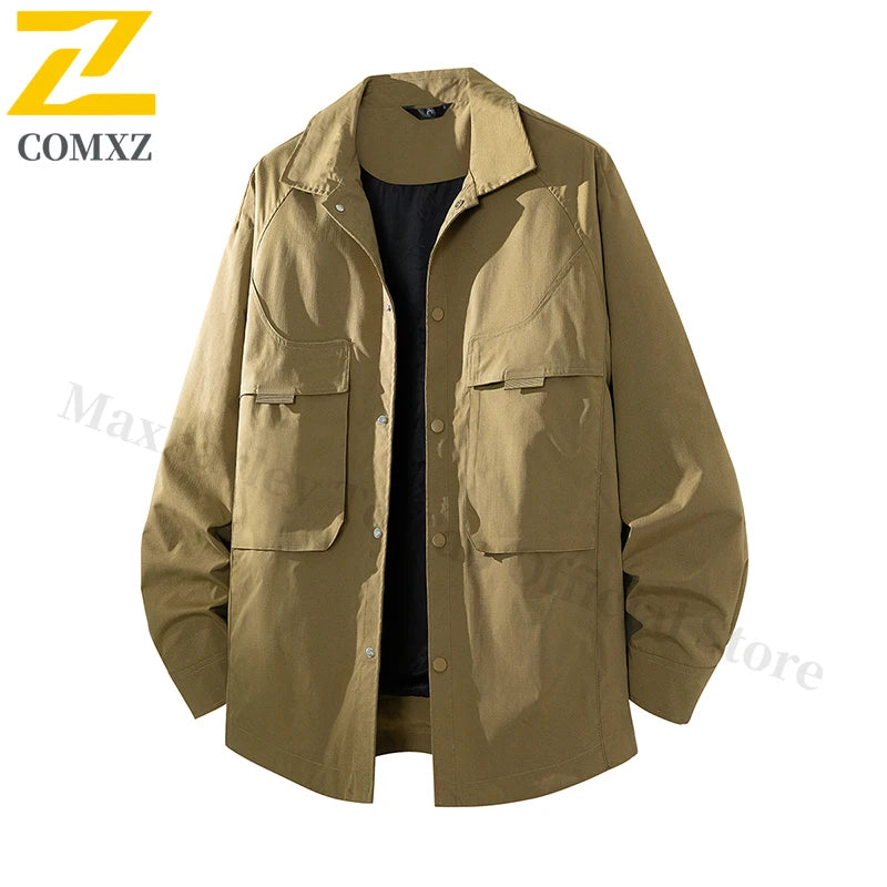 COMXZ Men Trendy Jacket 2025 Lapel Collar Outdoor Hiking Camping Durable Casual Gorpcore Coat Lightweight Windbreaker Autumn