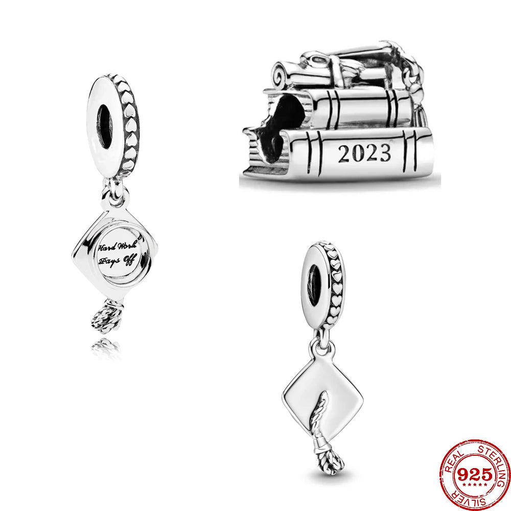 2023 Silver Teacher Pendant Fit Pandora Original Women Bracelet DIY Notebook Pencil Fine Dangle Jewelry Bachelor Cap Bead Charms