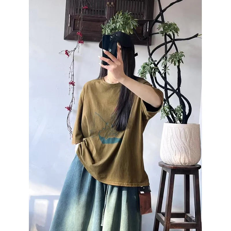 Masss Wasss 2025 Summer Fashion Tops Womens Printed Cartoon Loose O Neck T-shirts Females Classic Casual Vintage Cotton Clothes