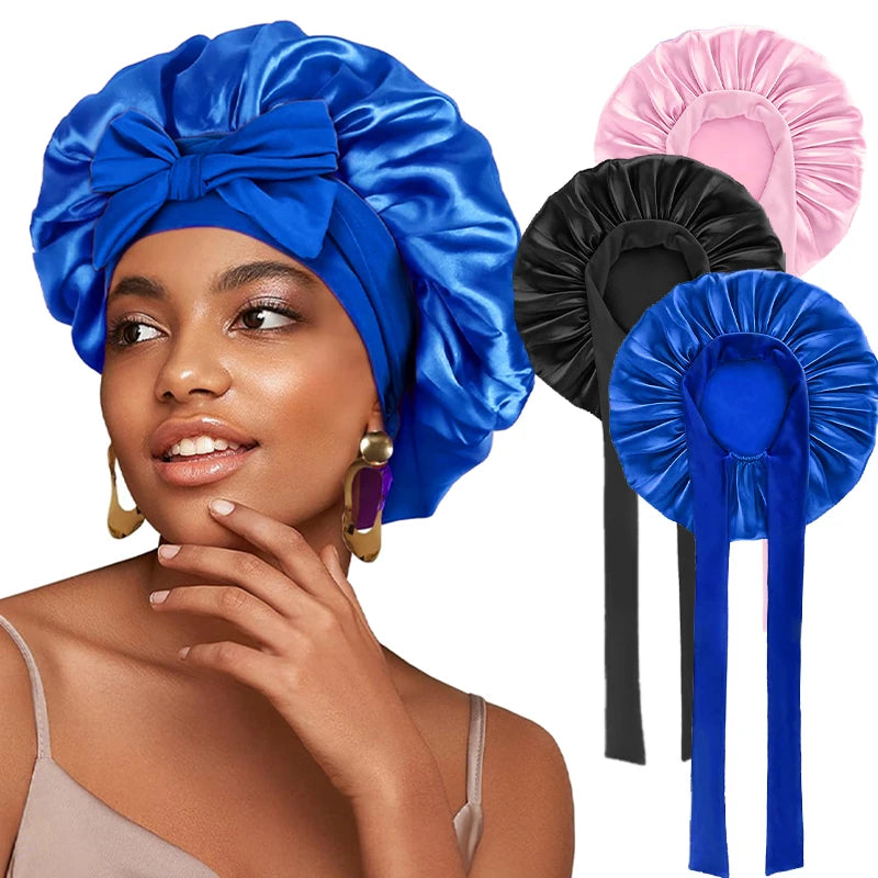 New Satin Solid Sleeping Hat With Stretchy Tie Band Elastic For Women Night Shower Cap Adjustable Hair Head Cover Bonnet Turban