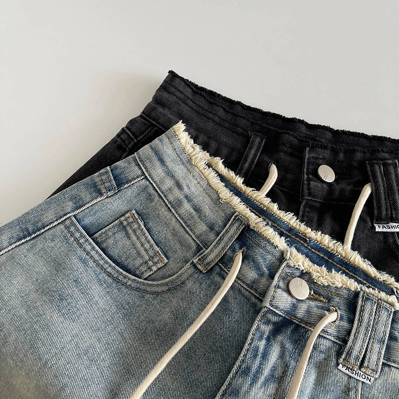 Women's Fashion Raw Edge Washed Denim Shorts 2025 Summer New Korean High Waisted Loose Wide Leg Pants Chic Drawstring Shorts