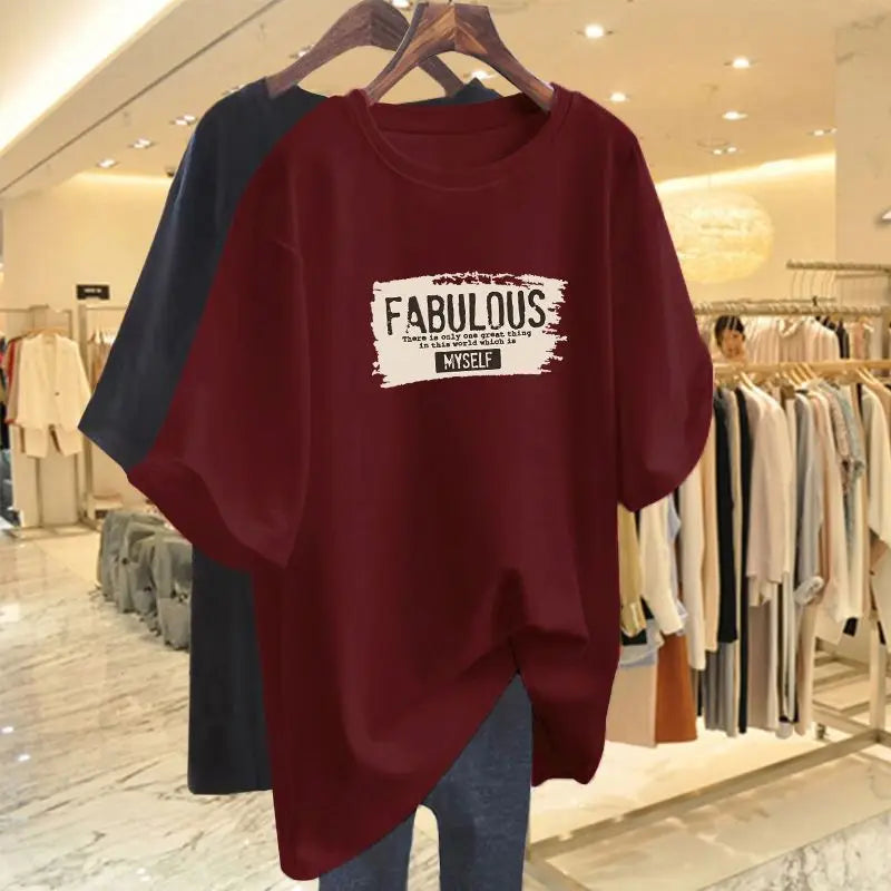 Summer Elegant Fashion Pure Cotton Basic T-shirts Women Casual Loose O-neck Short Sleeve Top Tee Letter Print Pullovers 45-105Kg