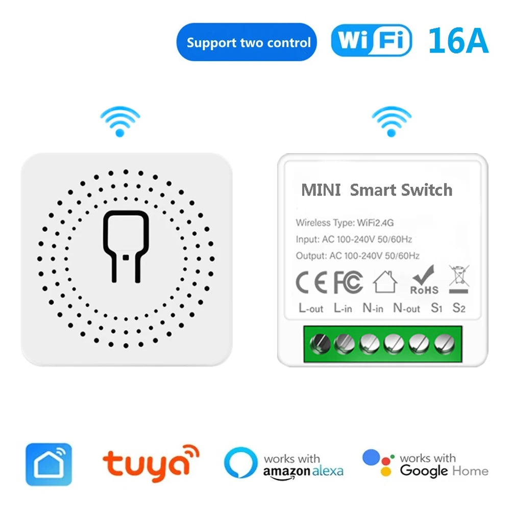 2 Way Control Tuya Mini 16A WiFi DIY Switch Smart Life App Smart Home Automation Module Interruptor Work for Alexa Google Home