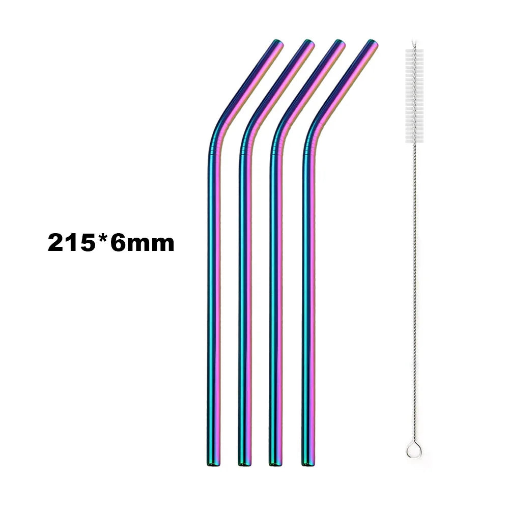Clearance_Reusable Metal Drinking Straws 304 Stainless Steel Sturdy Bent Straight Drinking Straw with Cleaning Brush Bar Party A