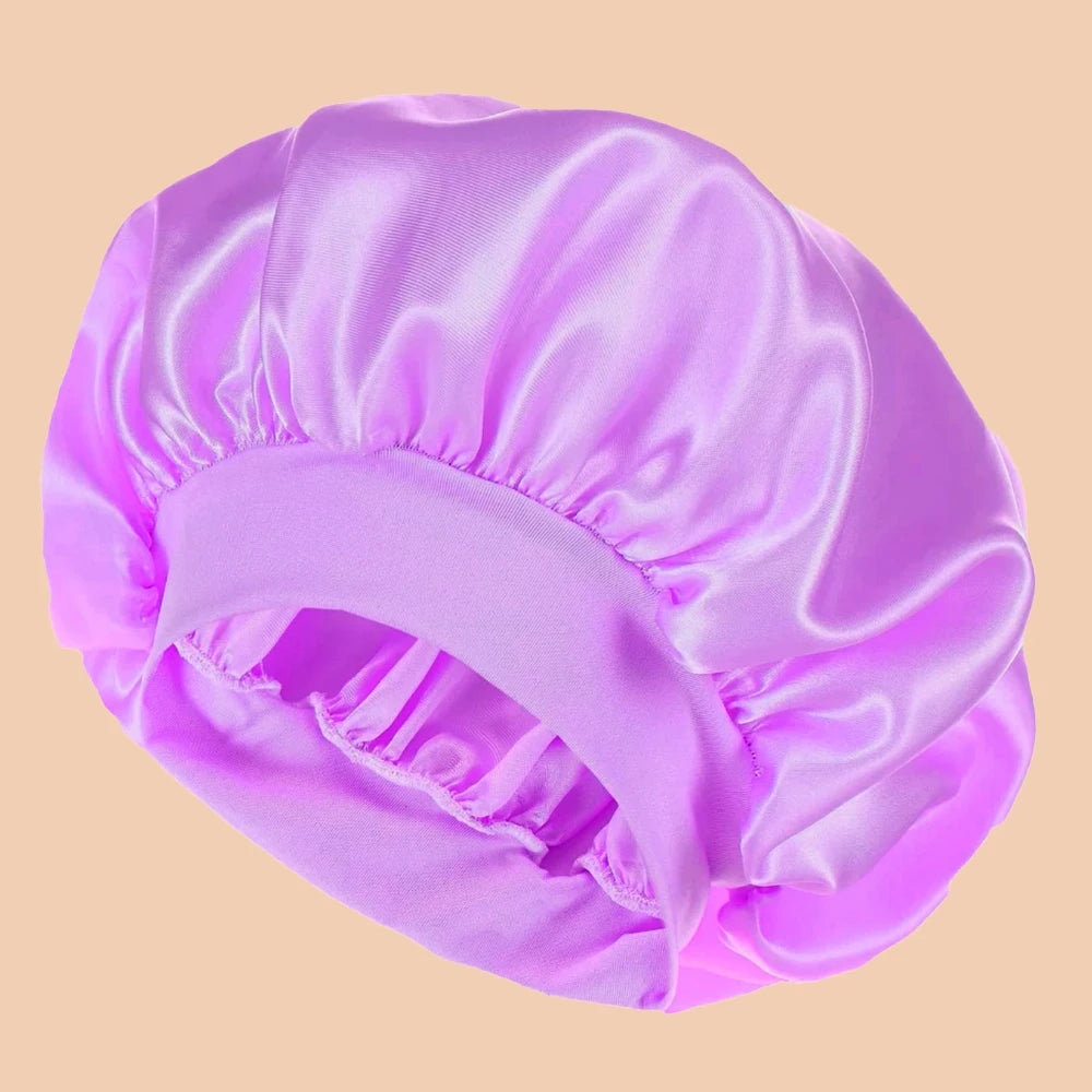 1pc Women's Solid Color Satin Wide-Brimmed Shower Cap, Suitable For Daily Use Silk Bonnet Satin Bonnet