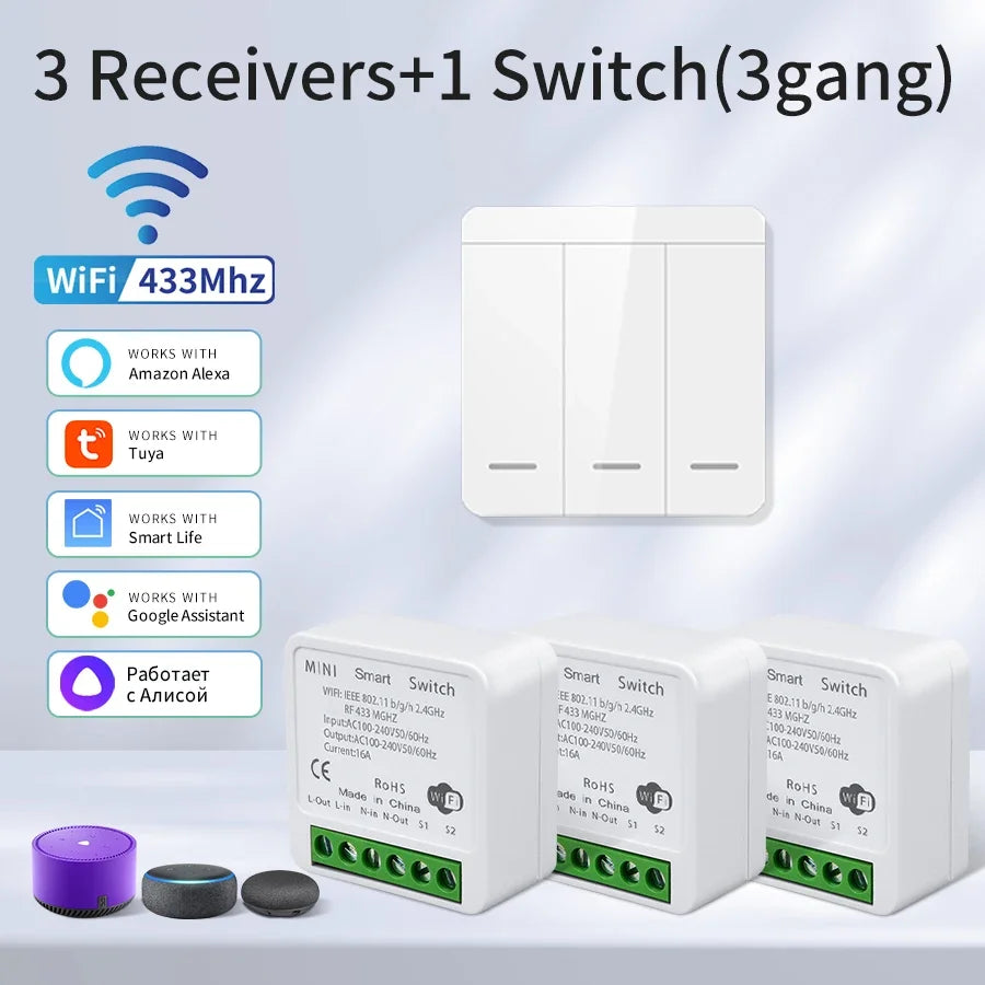 Wifi RF 433MHz Smart Switch Tuya Smart Life Alexa Google Alice Voice Control Remote Wireless Wall Panel Module for Led Lighting
