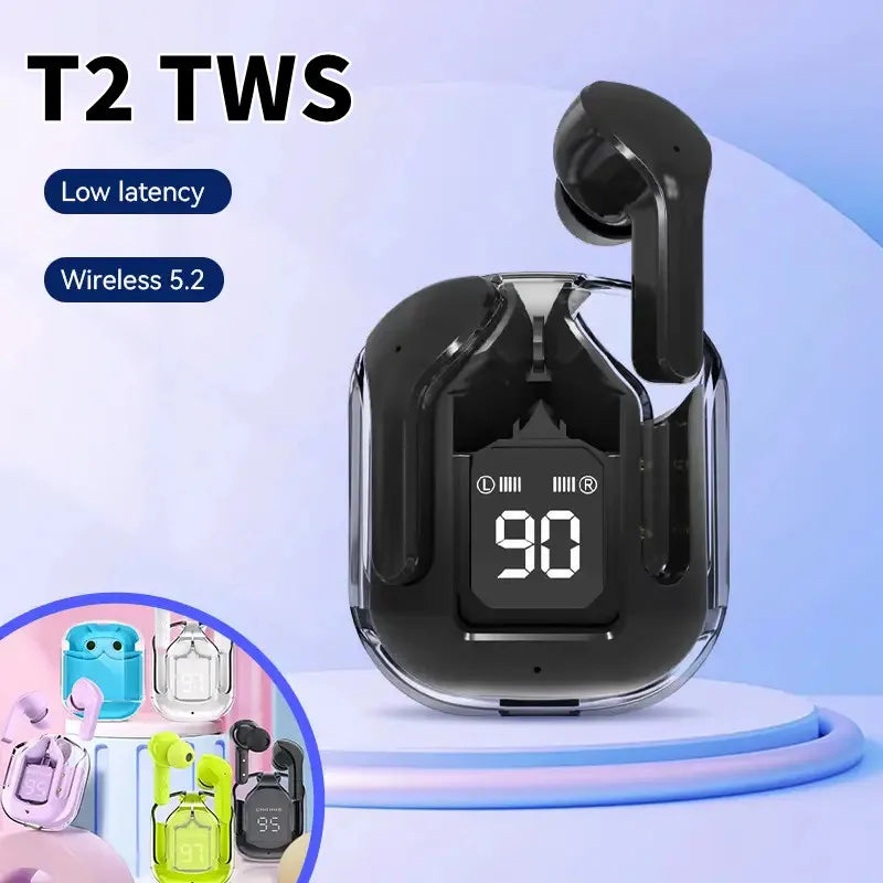 Original T2 Wireless Bluetooth Earphone Transparent HIFI Headphones LED Power Digital Display Stereo Sound Earphones for Phone