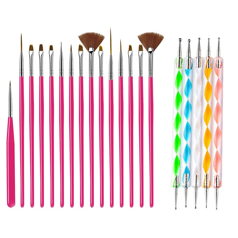 5/20Pcs Nail Art Brush Design Tip Painting Drawing Carving Dotting Pen FlatFan Liner Acrylic Gel UV Polish Manicure Tools