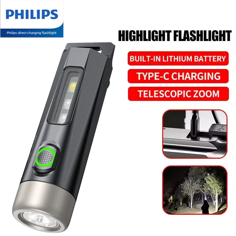 PHILIPS 2025  Super Bright EDC Flashlight LED Rechargeable Mini EDC Keychain Flashlights Camping Lamp For Hiking Self Defense