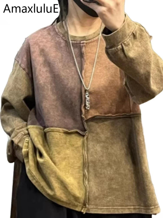 Amax luluE Womens Fashion Patchwork Harajuku Tops 2025 Spring Korean Style Ladies Loose Leisure T-Shirts Vintage Classic Clothes