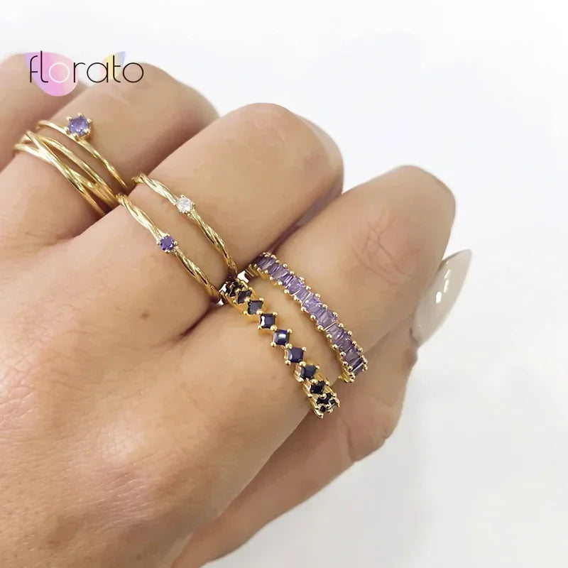 24K Gold Europe United States Retro Personality Lrregular Design Colored Zircon Ring Women's Noble Luxurious Wedding Jewelry