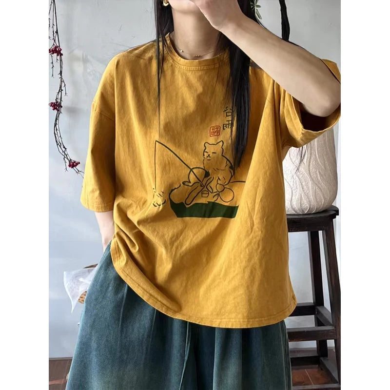 Masss Wasss 2025 Summer Fashion Tops Womens Printed Cartoon Loose O Neck T-shirts Females Classic Casual Vintage Cotton Clothes