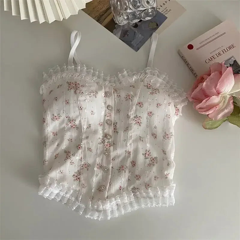 Korean Women Lace Tank Tops Back-beautiful Underwear Summer Floral Tube Tops French Wood Ear-hem Camisole ropa de mujer