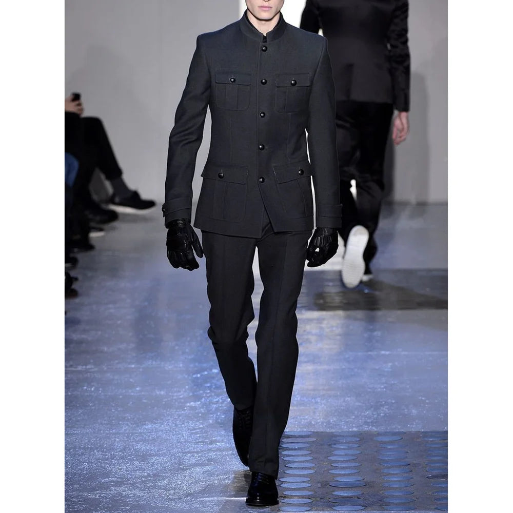 Black Single Breasted Round Neck Men Suit Two Pieces(Jacket+Pants) Outfits Chic Casual Party Prom Wedding Set