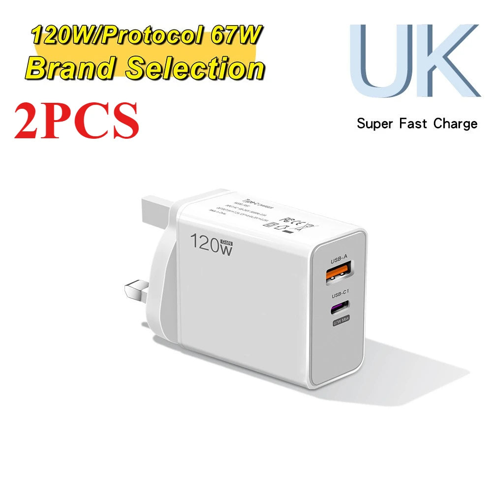 120W USB Fast Charger With Type C Cable Fast Charging Adapter For iPhone 16 Samsung Xiaomi Huawei PD Cell Phones Quick Charger