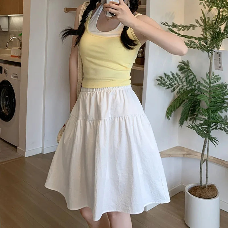 Japanese Style Loose Short Skirt Women College Style Elastic Waist with Pockets Student Skirts Girl All-Match Casual Solid Skirt