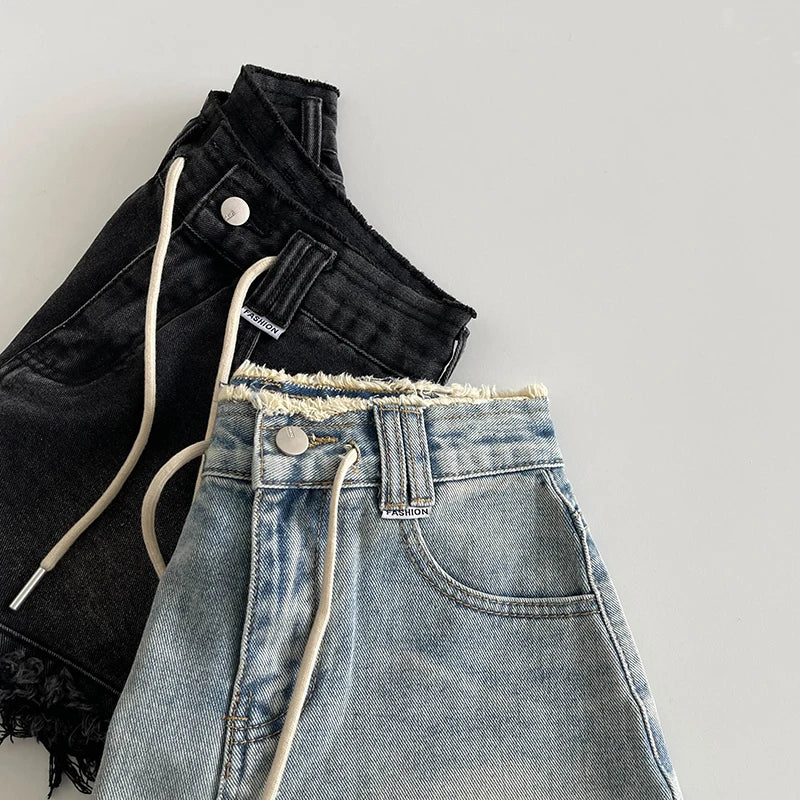 Women's Fashion Raw Edge Washed Denim Shorts 2025 Summer New Korean High Waisted Loose Wide Leg Pants Chic Drawstring Shorts