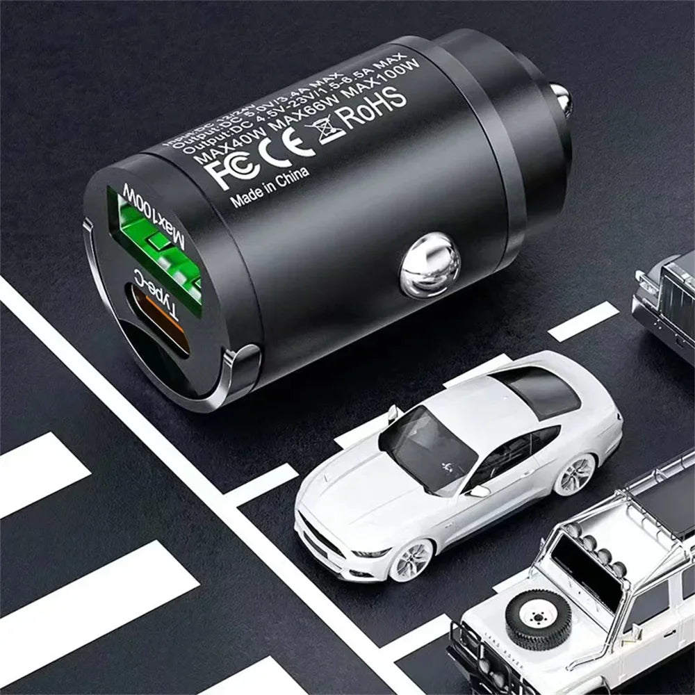 USB 100W Mini Car Charger Fast Charging Head Cigarette Lighter in Car For Xiaomi Samsung Huawei QC3.0 PD Type C Car Phone Charge