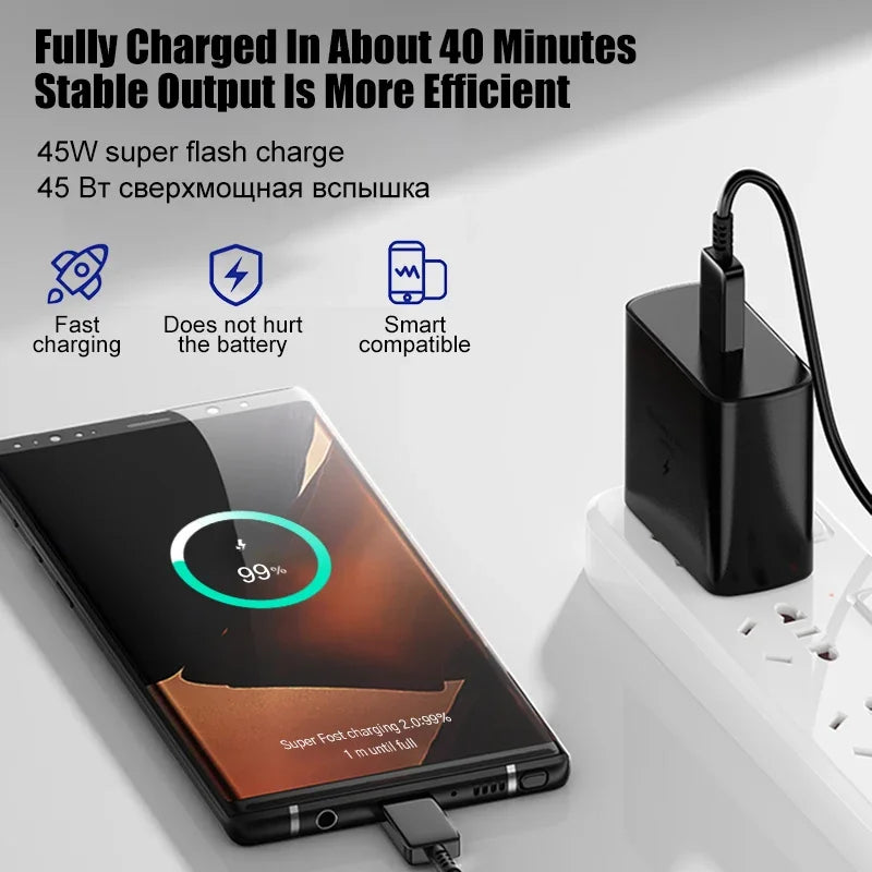 45W PD Charger Super Fast Charge for Samsung Galaxy S24 S23 Ultra Note 10 Plus USB C Type C Cable Mobile Phone Charger Adapter