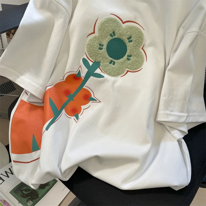 Retro High Street Short Sleeve Women Fashion Top 3D Flowers Flocking Graphic Tee Vintage Clothes Woman Designer Top 4XL 150KG