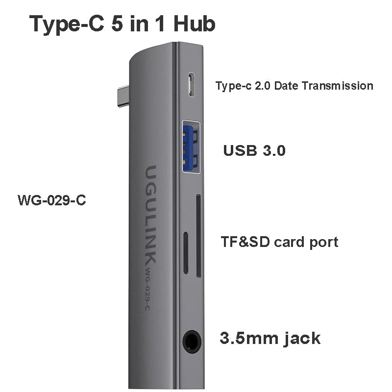 90 Degree Type-C USB 3.0 6 in 1 Hub  to PD60W  TF/SD 3.5mm Jack Adapter Cables Card Read For Samsung Xiaomi Huawei iphone 15 pro