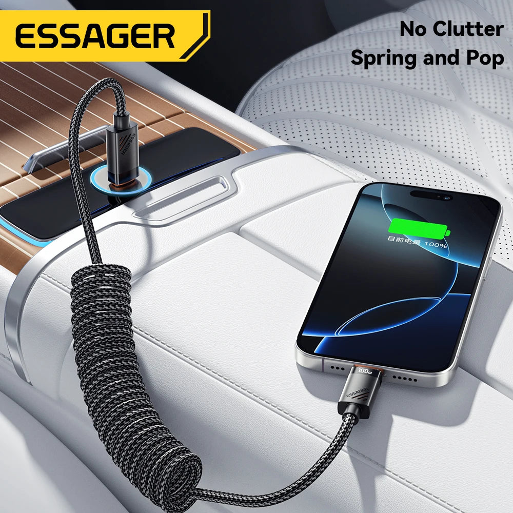 Essager Car Spring Type C Cable  For iPhone 16 15 Xiaomi Samsung 100W PD Fast Charging For Macbook iPad Type C to Type C Cable