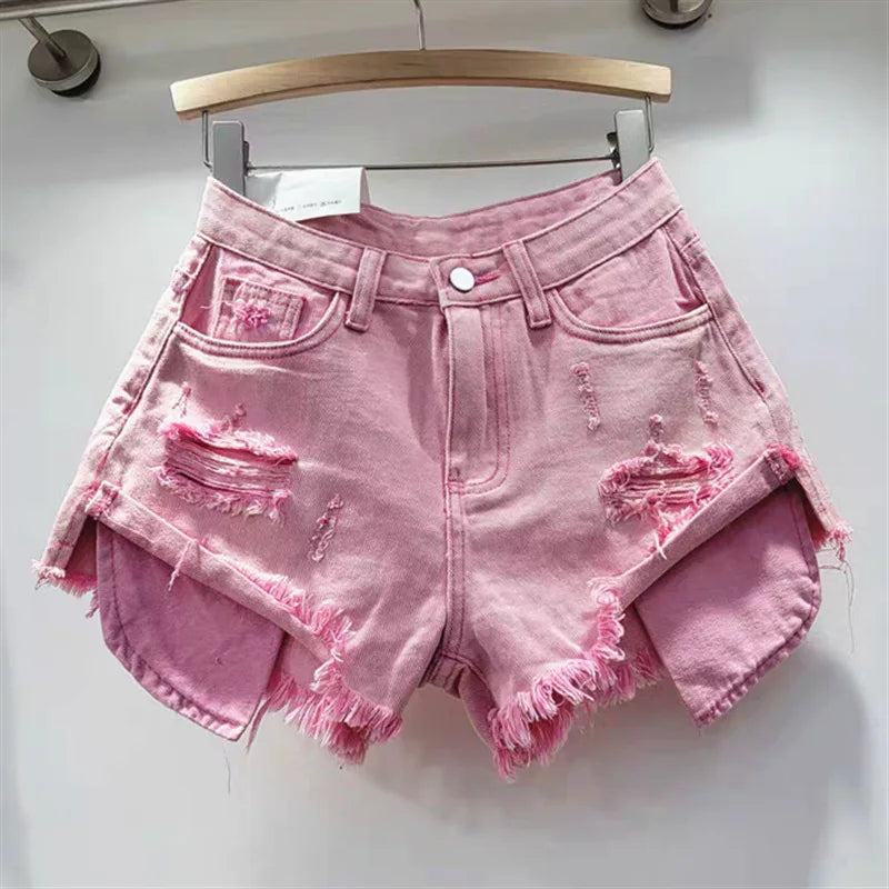 2025 Summer New Light Color Perforated Design Denim Shorts Women's Wide Legs Slim Fashion Ragged Edge A-line Ropa Mujer