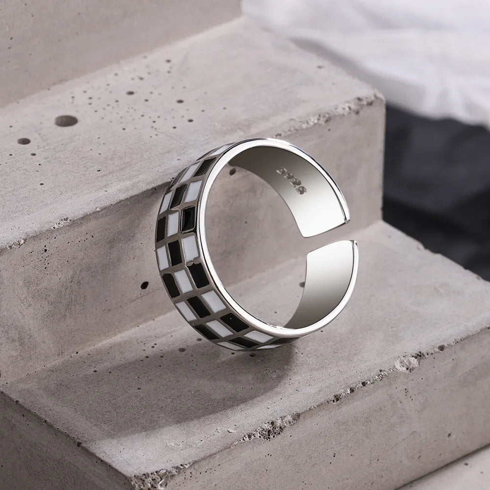 Buyee 925 Sterling Silver Fashion Ring Black & White Spacing Open Ring Finger for Women Men Women Fine Jewelry Circle Gift