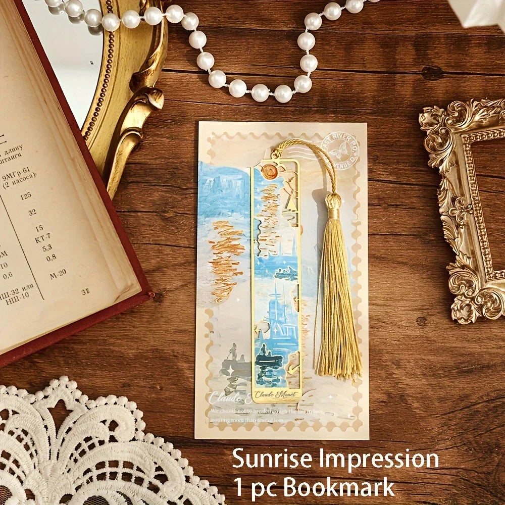 Vintage Oil Painting Metal Bookmarks - Hollow Hot Stamping Long Tassel Bookmarks - Stationery Gifts for Book Clubs, Book Lovers,