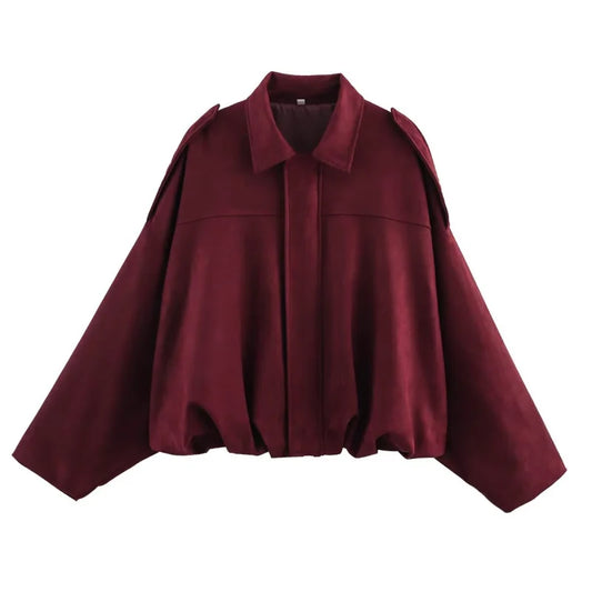 ETJ 2025  Spring new women's suede texture effect Loose version of fashion lapel shoulder bomber jacket