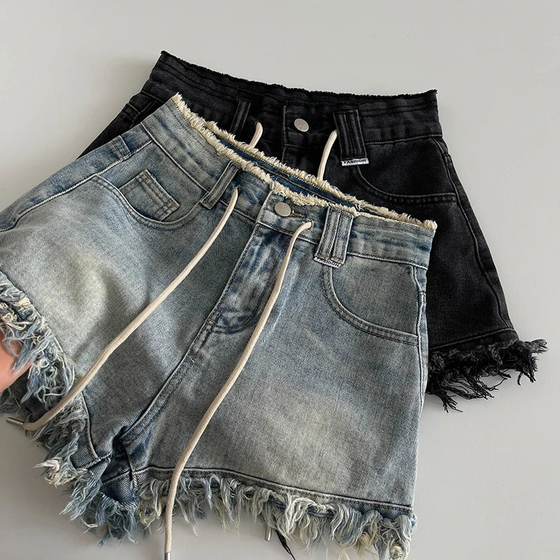 Women's Fashion Raw Edge Washed Denim Shorts 2025 Summer New Korean High Waisted Loose Wide Leg Pants Chic Drawstring Shorts