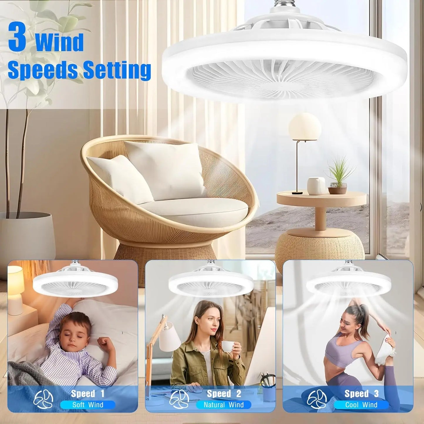 E27 30w LED Ceiling Fan with Light Remote Control Dimmable Ceiling Bulb with Cooling Fan 3 Modes Indoor Bedroom Chandelier