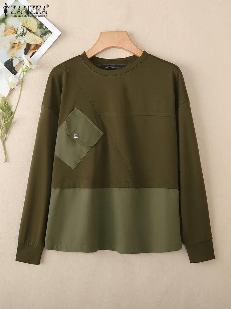 Solid Long Sleeve Sweatshirts Autumn Women Hoodies ZANZEA 2025 Fashion O-Neck Casual Loose Pullovers Patchwork Pockets Outwears