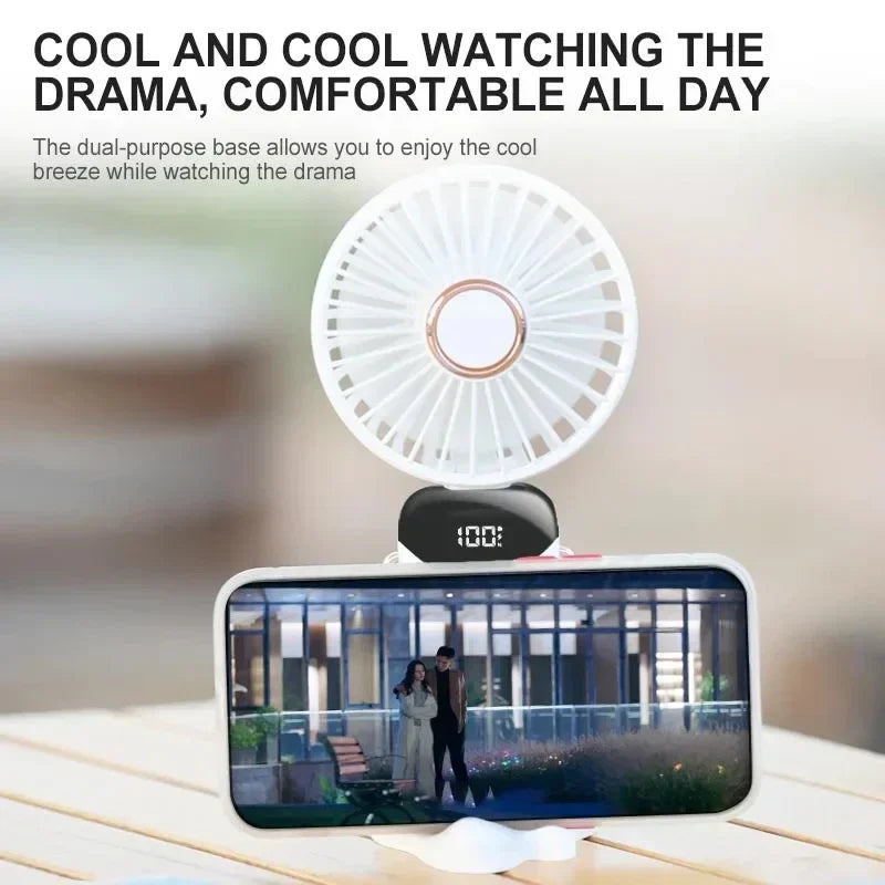 Portable Handheld Mini Fan Foldable Neck Hanging Fans 5 Speed USB Rechargeable Fan with Phone Stand and Display Screen 1800mAh