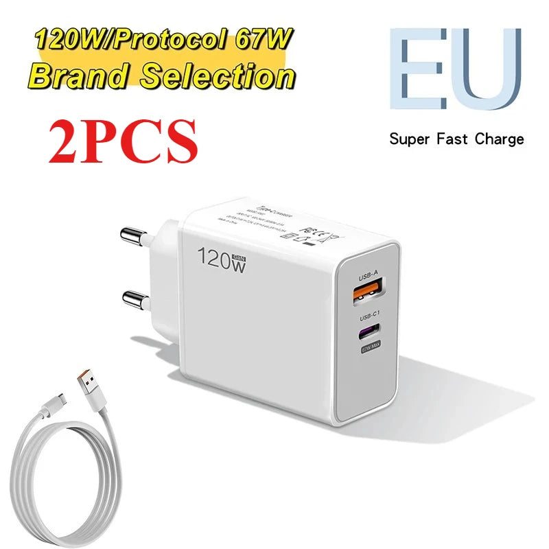 120W USB Fast Charger With Type C Cable Fast Charging Adapter For iPhone 16 Samsung Xiaomi Huawei PD Cell Phones Quick Charger