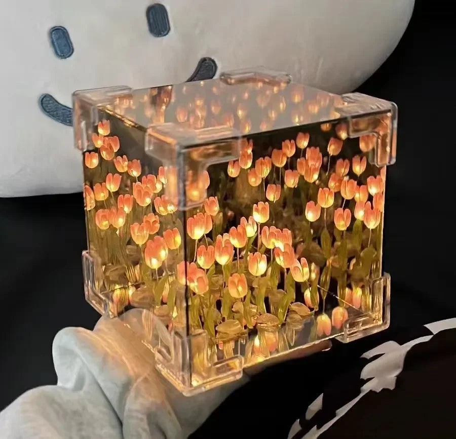 DIY Tulip Mirror Cube Lamp Flower Table Lamp Handmade Romantic Valentine's Day Lamp Tulips Home Decorations Gift for Girlfriend